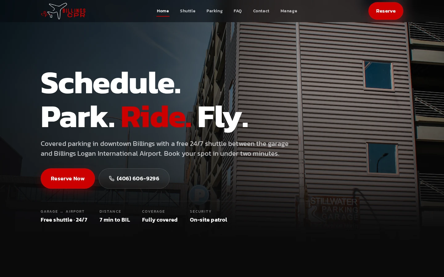 Billings CPR website with bold white and red typography over a downtown parking garage photograph.