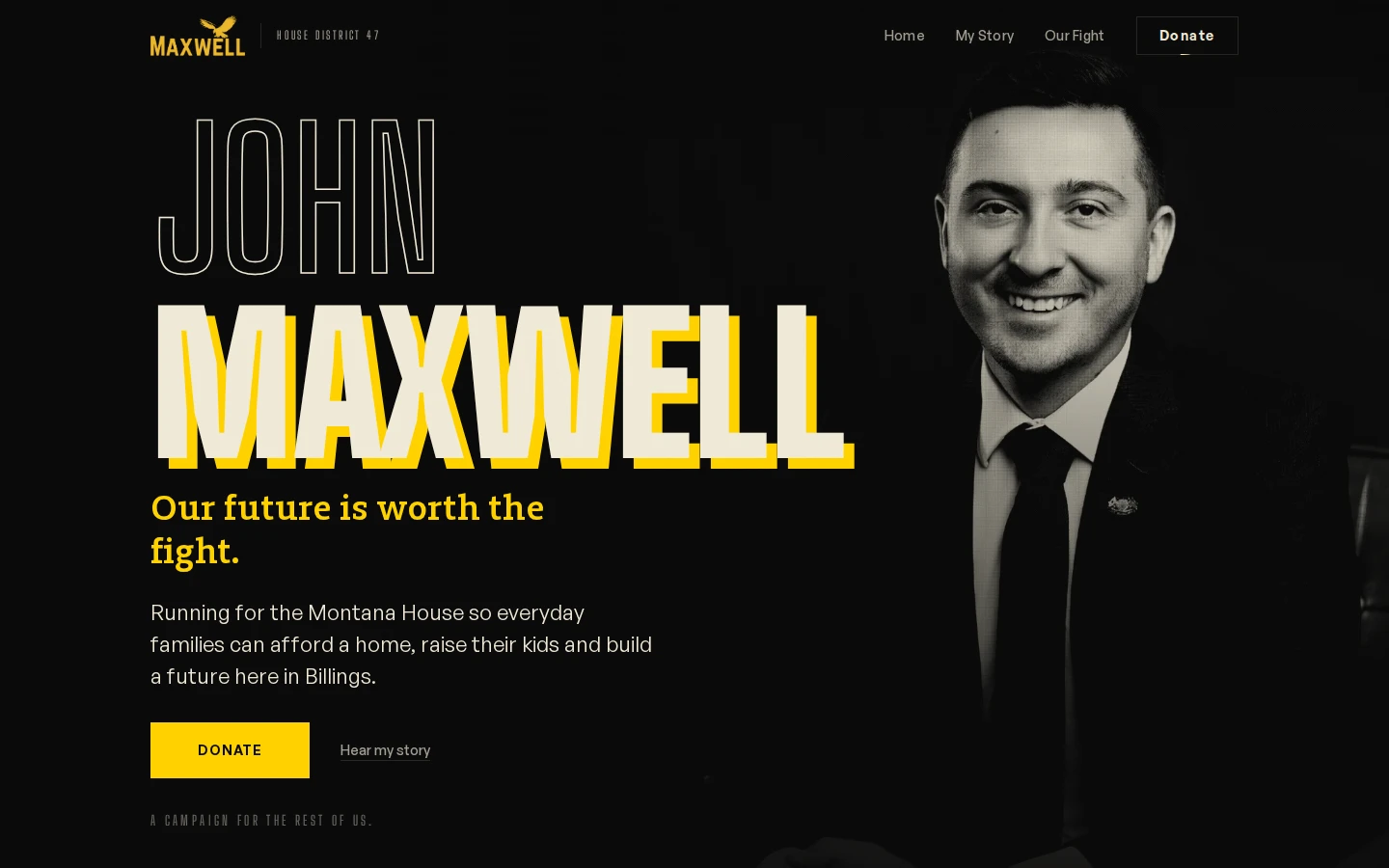 Maxwell for House website with oversized cream and yellow lettering and a black-and-white portrait.