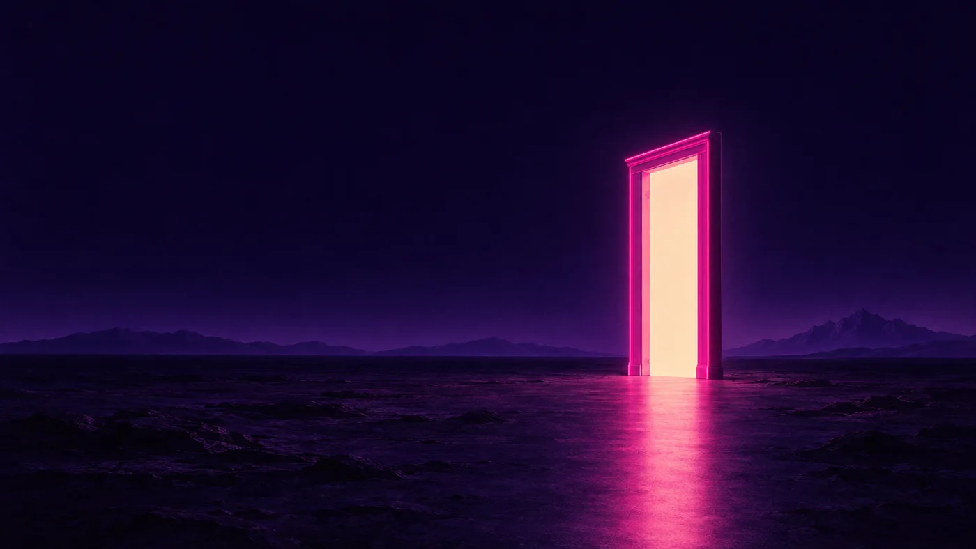 A glowing pink doorway opens onto a midnight-purple mountain landscape.