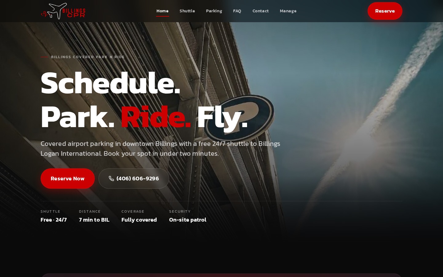 Billings CPR airport park-and-ride website — Schedule. Park. Ride. Fly.