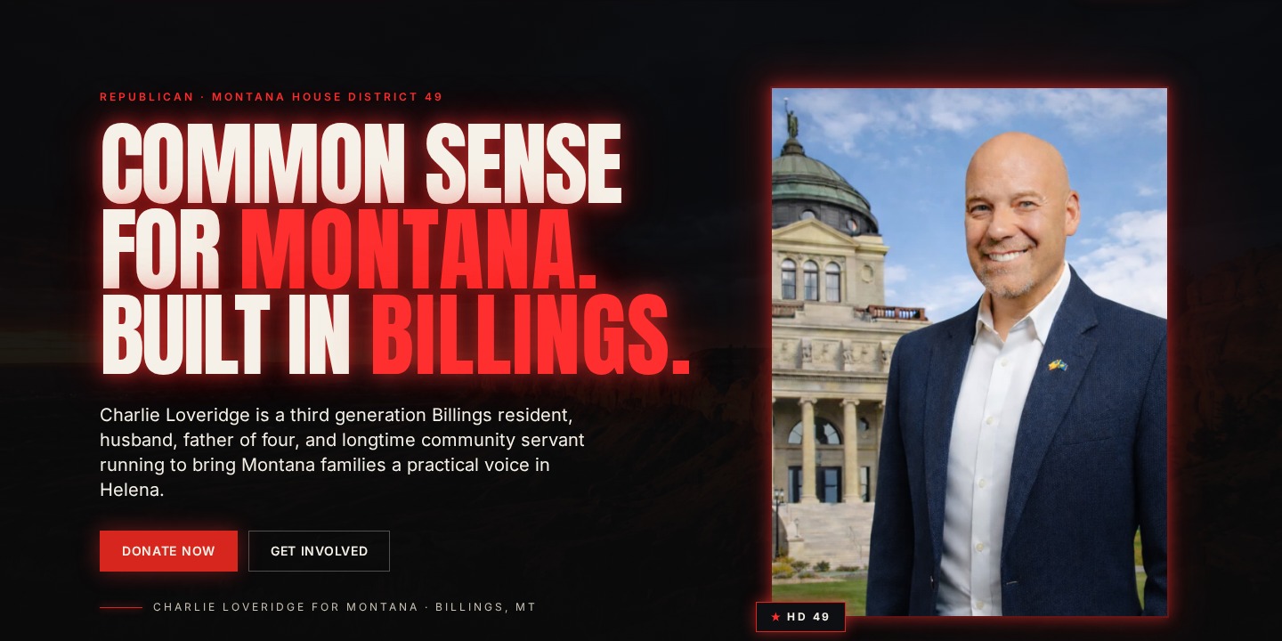 Charlie Loveridge for Montana campaign site — Common Sense for Montana, Built in Billings